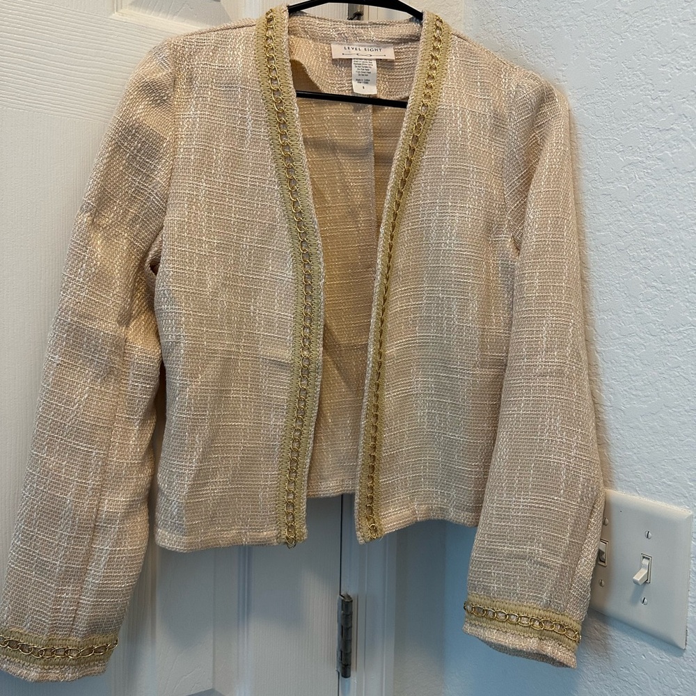 Cream Tweed Cardigan Jacket – Gold Chain Detail – Size S